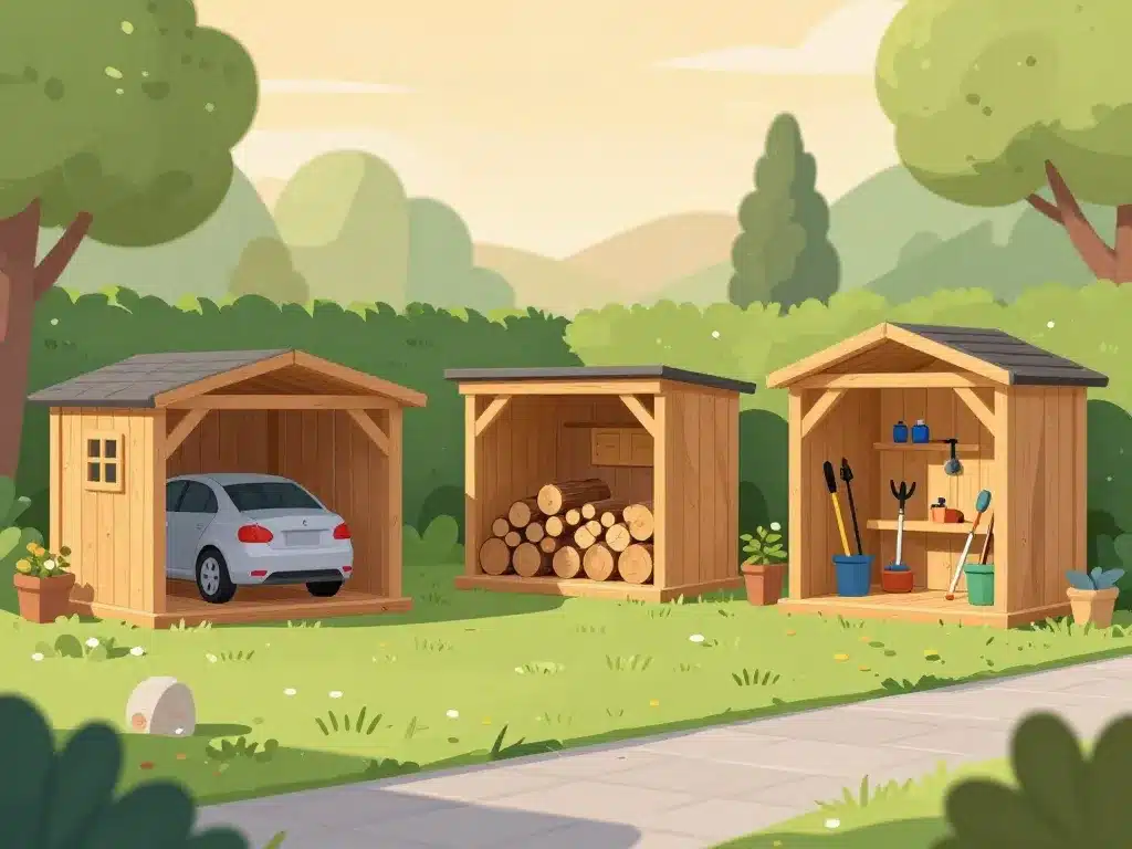 différents appentis en bois en usage jardin