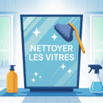 illustration stylisée avec quoi nettoyer les vitres microfibre et vaporisateur