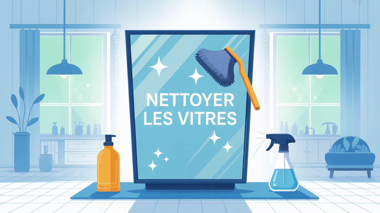 illustration stylisée avec quoi nettoyer les vitres microfibre et vaporisateur