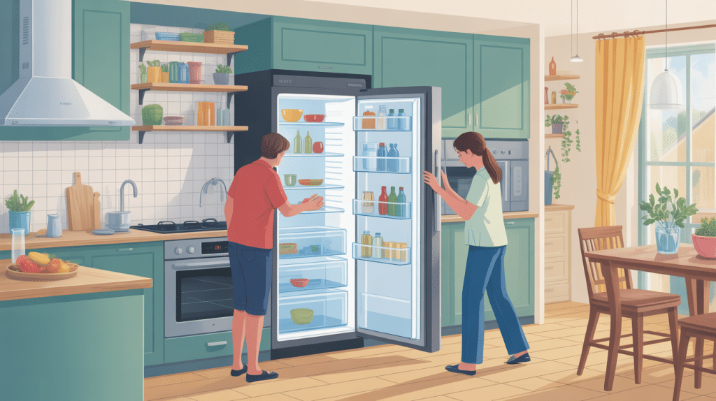 Illustration brancher un frigo neuf après transport cuisine moderne