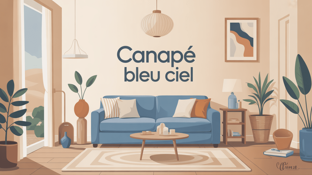 salon lumineux avec canapé bleu ciel et déco naturelle