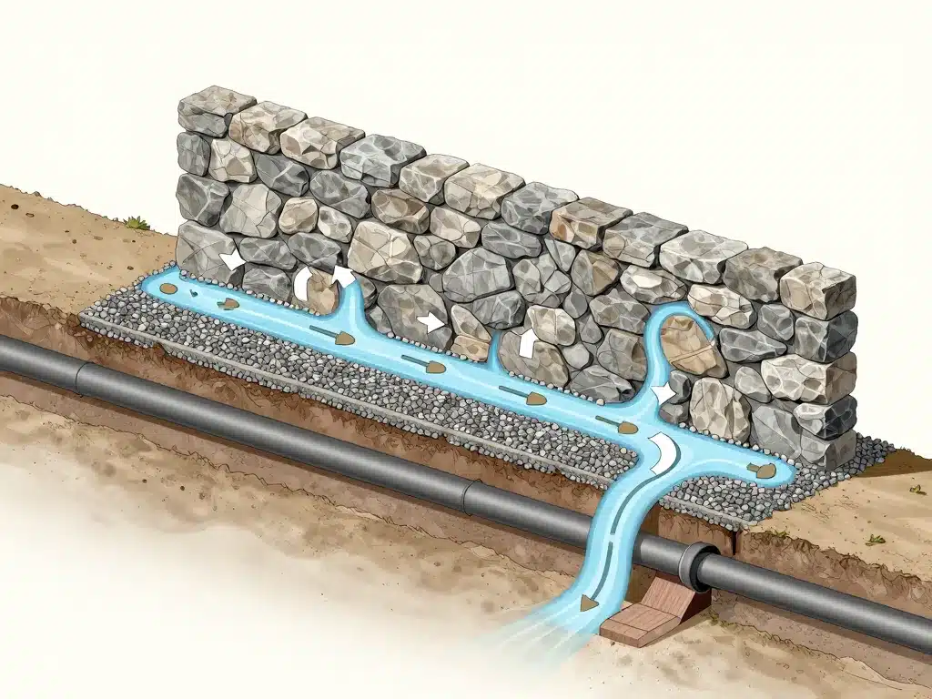 schéma drainage et fondations mur en pierre qui penche