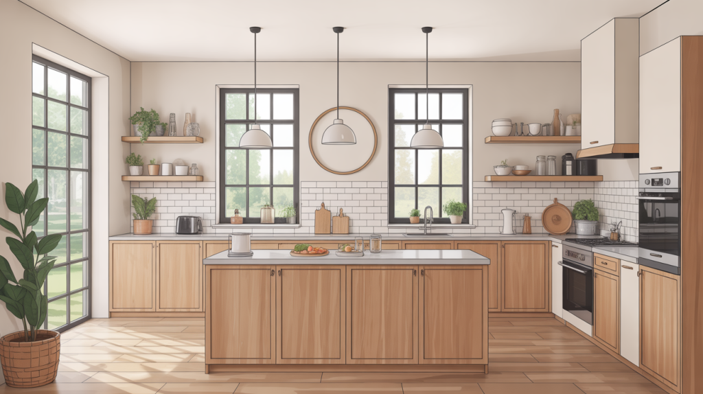 cuisine bois plan de travail blanc ambiance lumineuse et chaleureuse