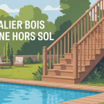 illustration escalier bois piscine hors sol sécurisé jardin