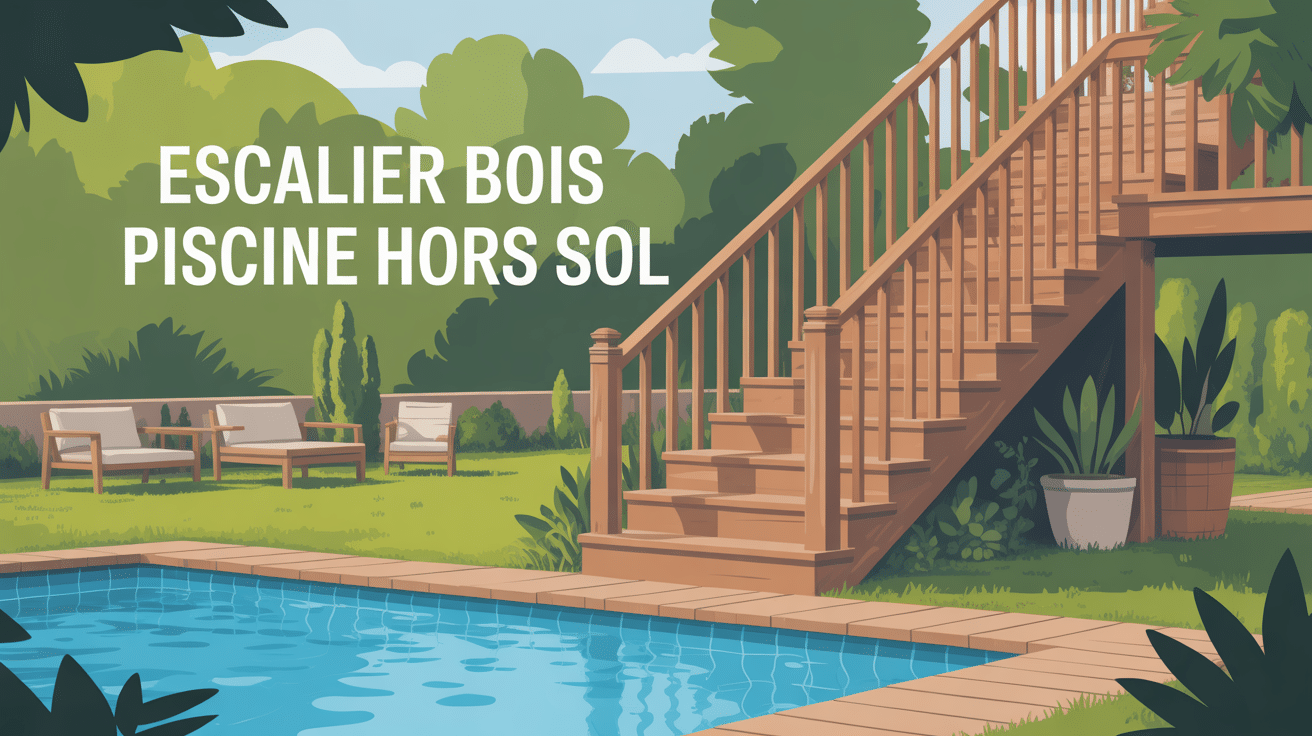 illustration escalier bois piscine hors sol sécurisé jardin