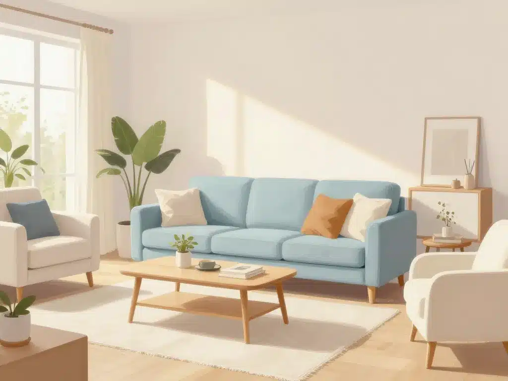 intégration canapé bleu ciel dans salon moderne et neutre