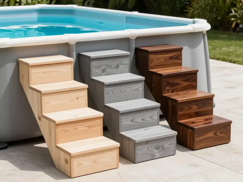 différents escaliers bois piscine hors sol extérieur