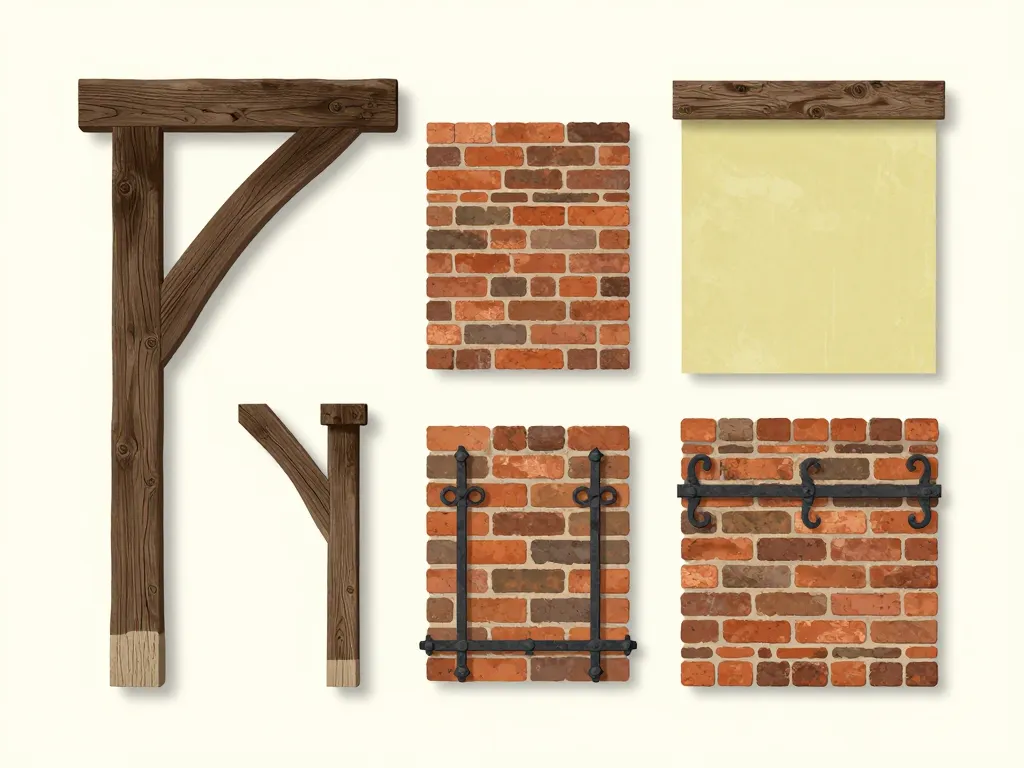 Matériaux et couleurs typiques style architectural Tudor : bois foncé, brique, enduit clair, ferronneries