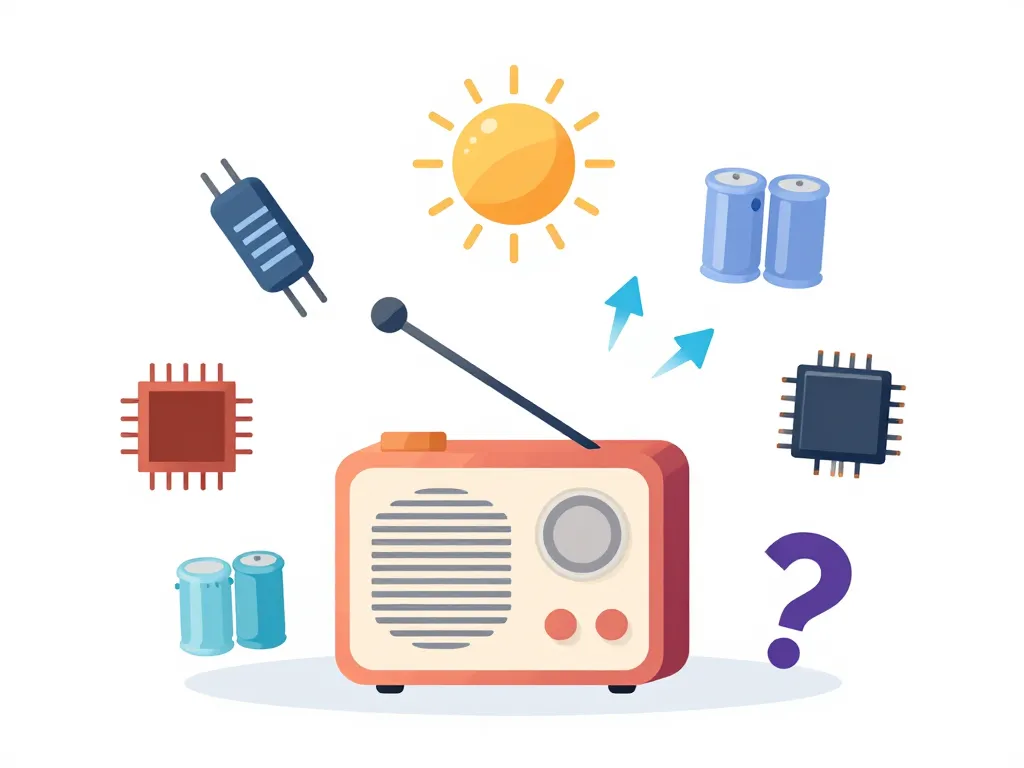 Metaphore visuelle radio spare avec composants electroniques autour d'un poste radio