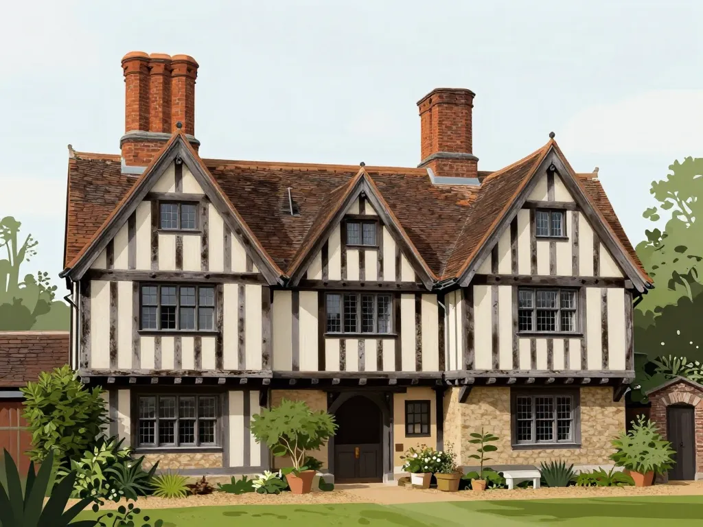 Caractéristiques extérieures style architectural Tudor : pans de bois, toits pentus, fenêtres à petits carreaux
