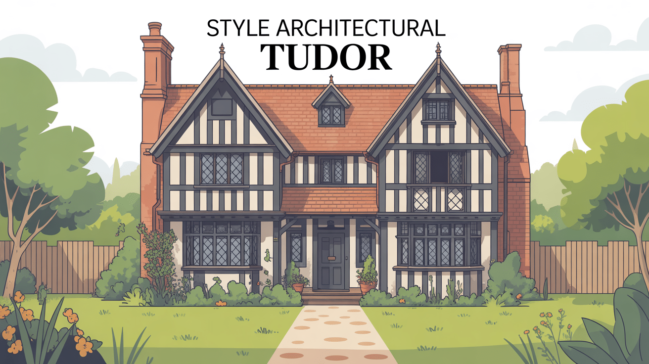 Vue extérieure maison style architectural Tudor avec pans de bois et toiture pentue