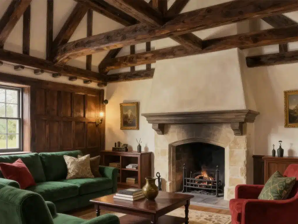 décoration style tudor avec bois sombre et murs clairs