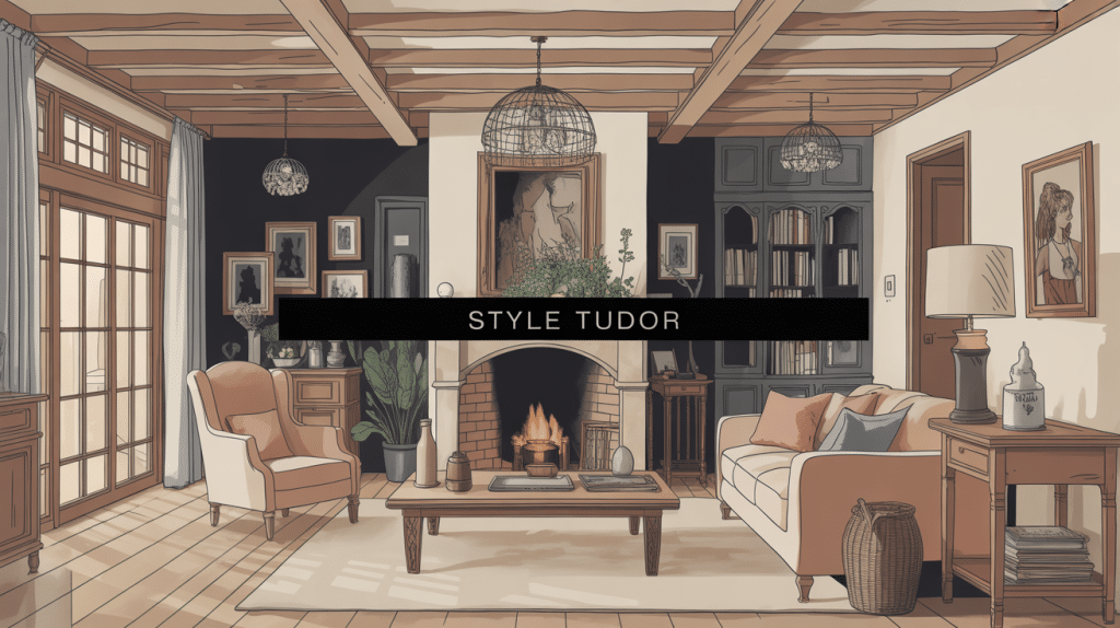 intérieur style tudor moderne avec poutres et cheminée