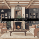 intérieur style tudor moderne avec poutres et cheminée