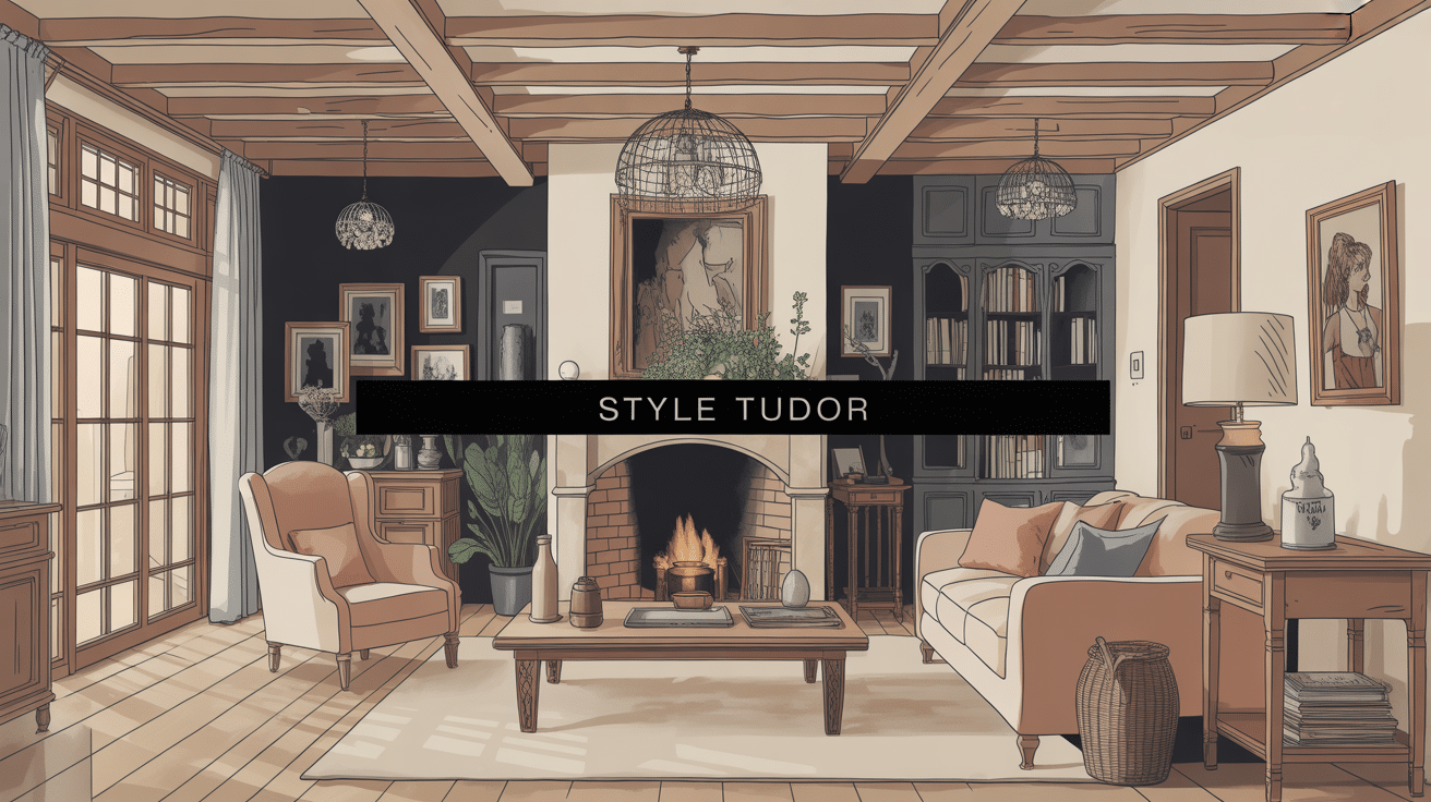 intérieur style tudor moderne avec poutres et cheminée
