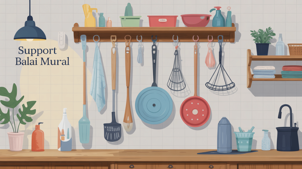 Support balai mural avec balais suspendus organisation
