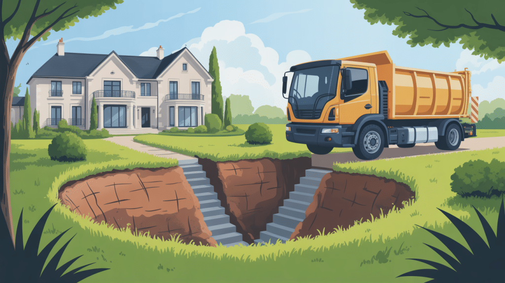 Vidange fosse septique tarif illustration maison et camion