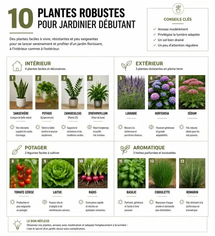 Infographie des 10 plantes les plus faciles pour un jardinier débutant