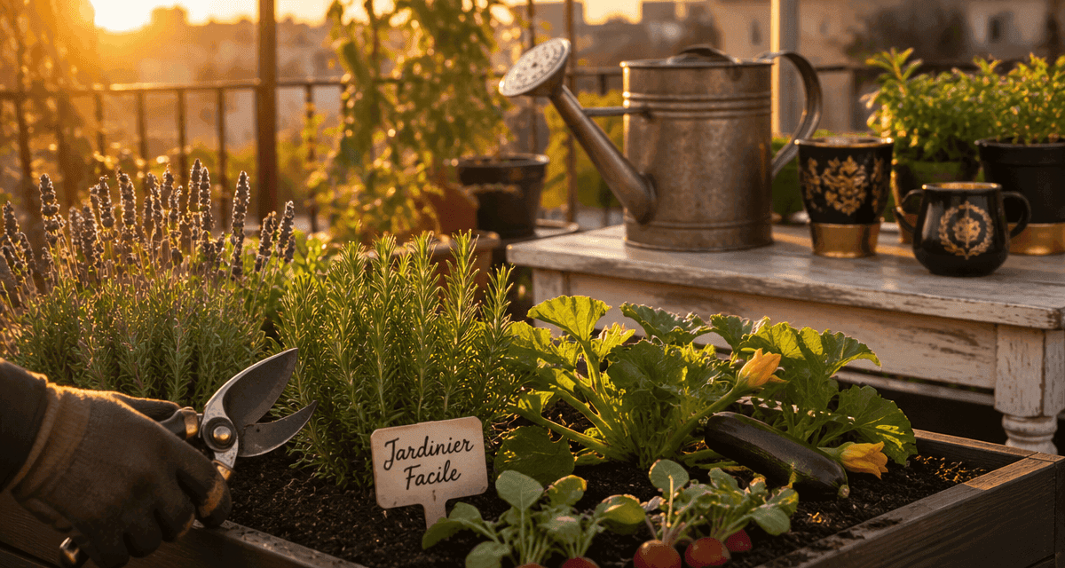 jardinier facile dans un jardin urbain avec outils et plantes