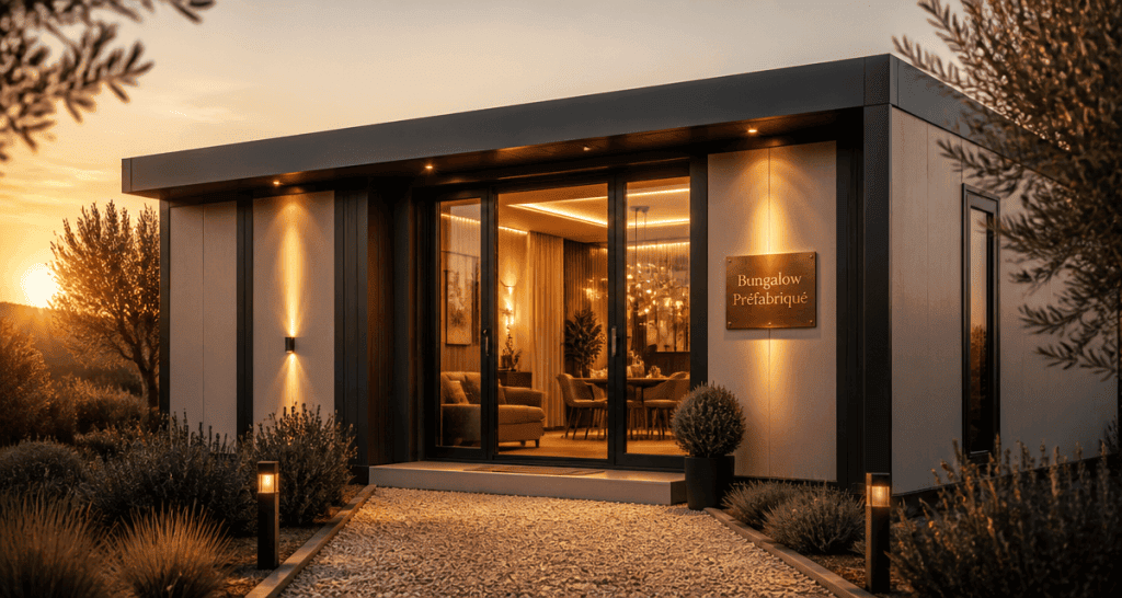 bungalow préfabriqué moderne avec porte vitrée sur terrain