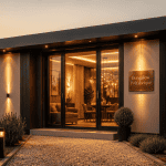 bungalow préfabriqué moderne avec porte vitrée sur terrain