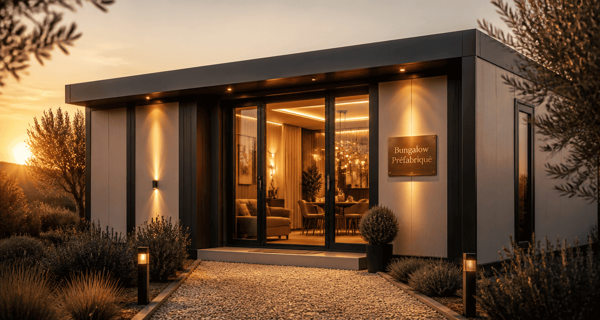 bungalow préfabriqué moderne avec porte vitrée sur terrain