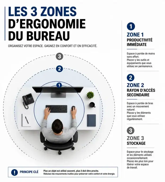 Infographie des trois zones d'ergonomie pour organiser un bureau de manière productive