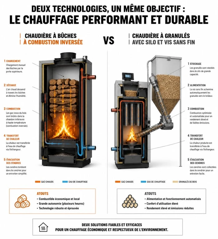 Schéma comparatif du fonctionnement d'une chaudière bois à bûches et d'une chaudière à granulés pour le chauffage central