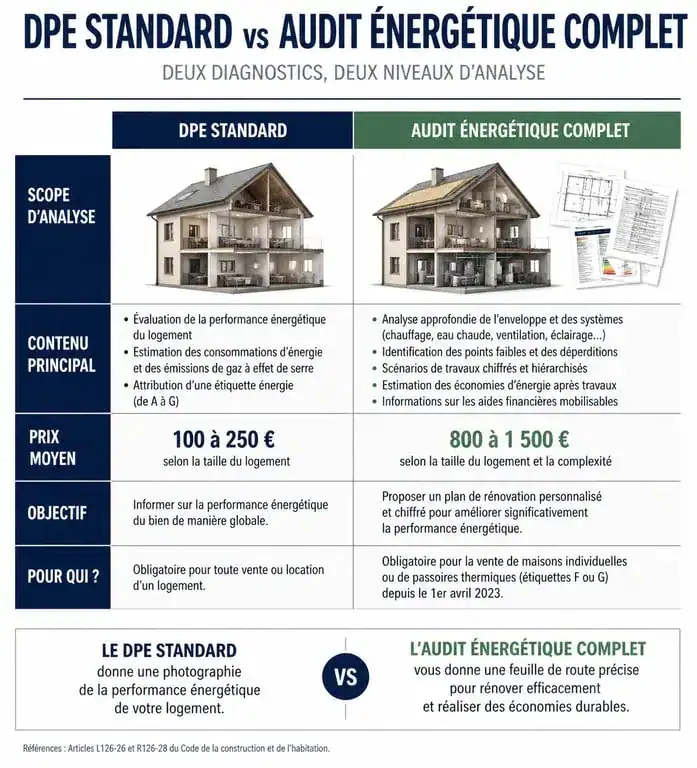 Infographie comparative prix et prestations DPE et audit énergétique