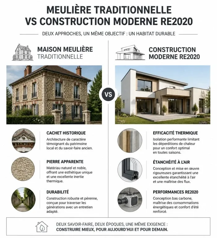 Tableau comparatif des avantages et inconvénients entre une maison meulière ancienne et une construction moderne RE2020