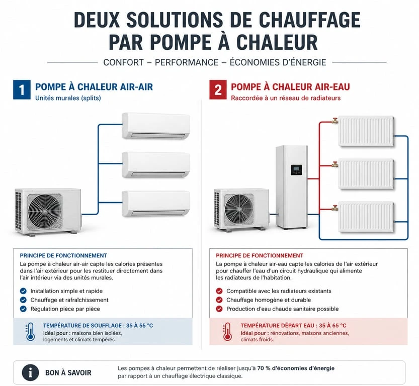 Schéma comparatif : installation pompe à chaleur air-air vs air-eau avec radiateurs