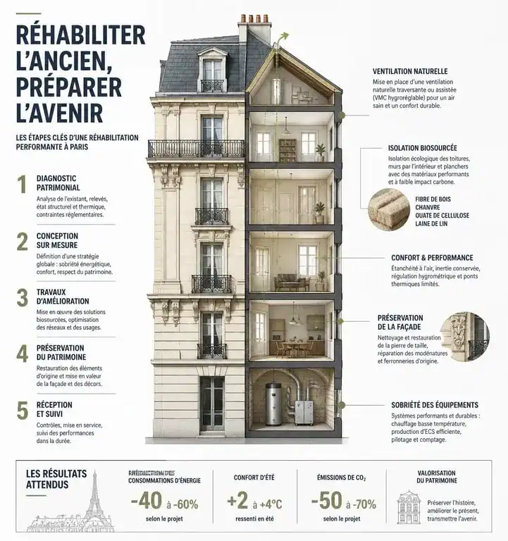Infographie des étapes de réhabilitation de bâtiments anciens à Paris