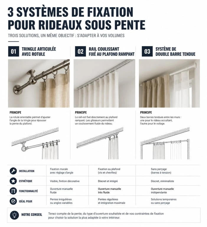 Comparatif des systèmes de tringle rideau sous pente : tringle articulée, rail et double barre