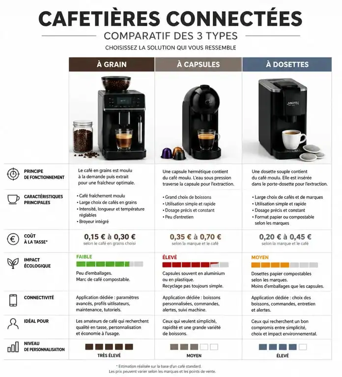 Comparatif des types de cafetières connectées : grain, capsules et dosettes pour choisir la meilleure machine à café.