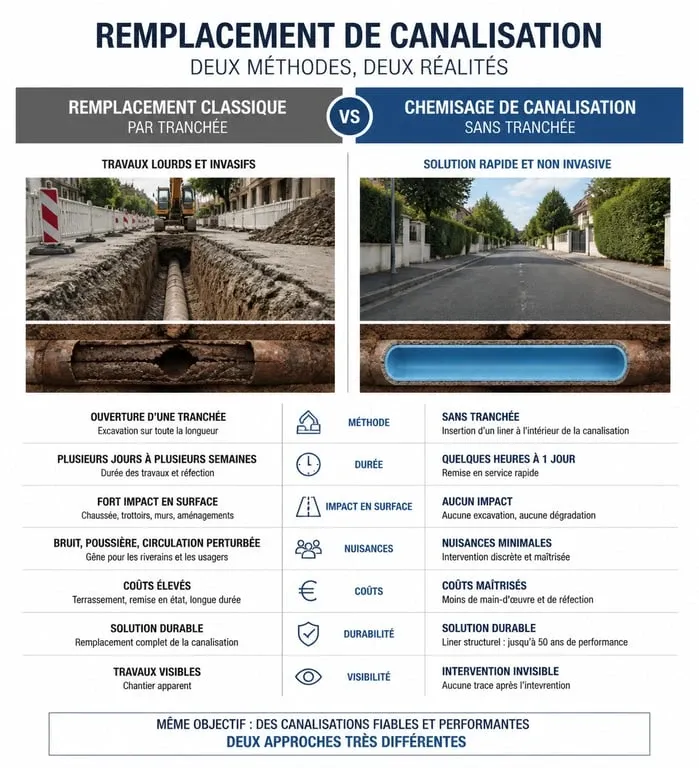 Infographie comparative : chemisage de canalisation vs remplacement classique