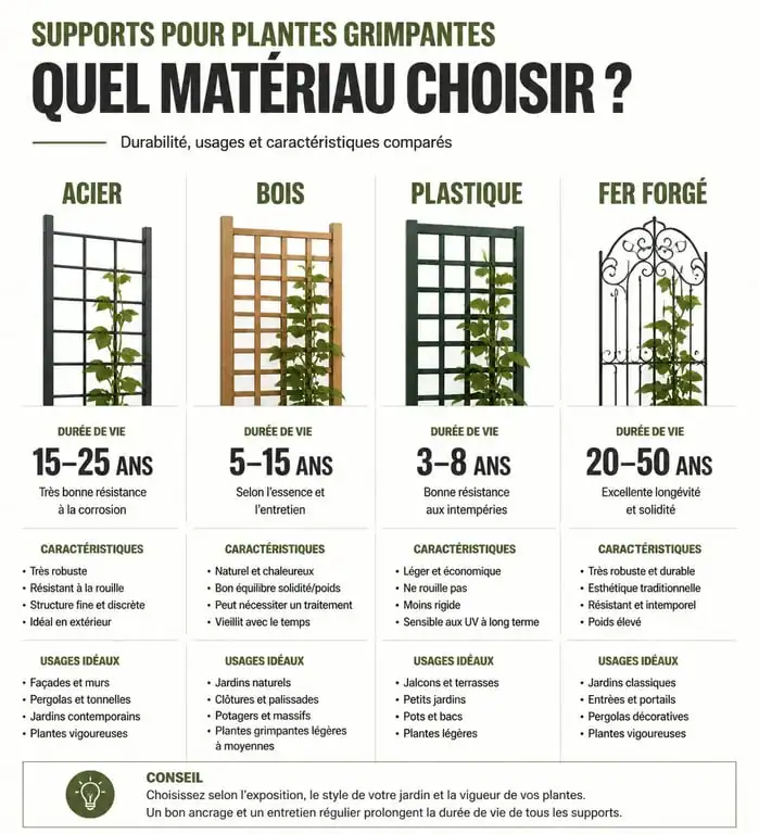 Comparatif des matériaux pour support de plante grimpante
