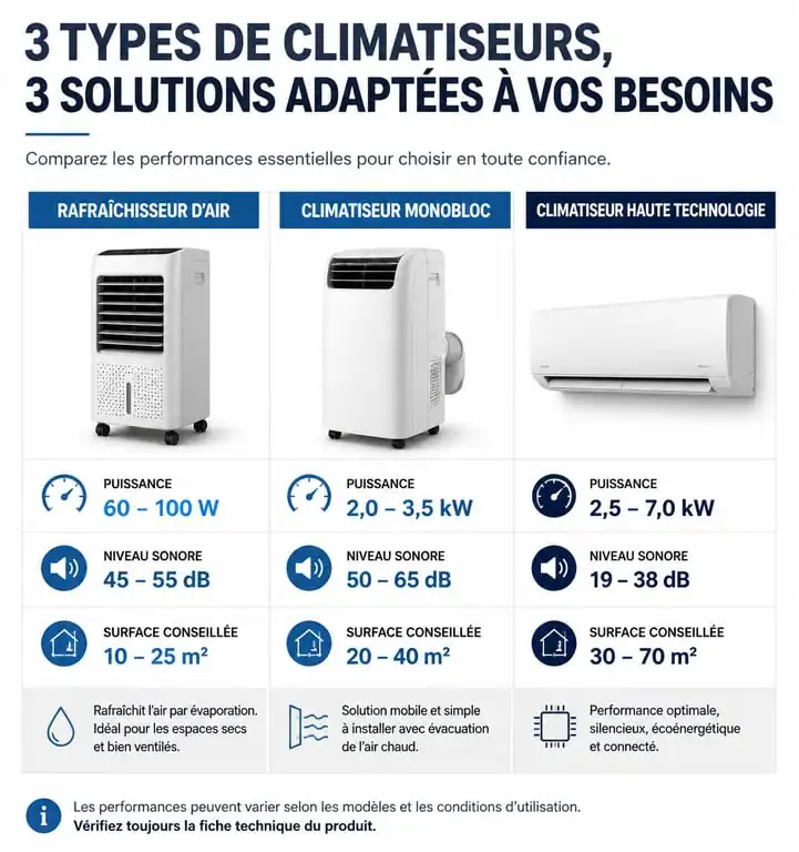 Comparatif des types de climatiseurs sans conduit : rafraîchisseur d'air, monobloc et haute technologie