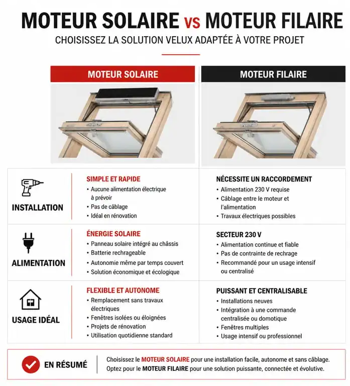 Comparatif moteur électrique pour Velux : solaire vs filaire