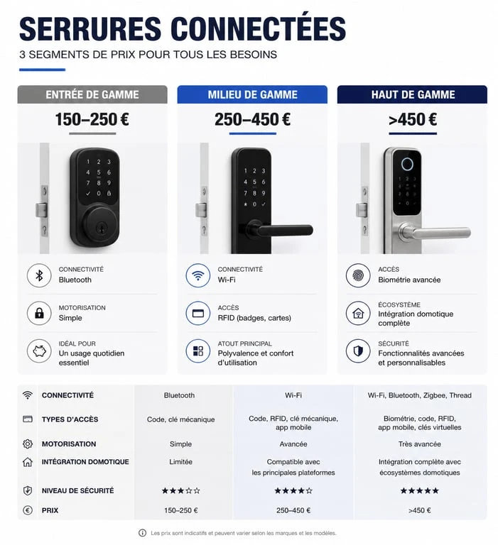 Infographie des paliers de prix et fonctionnalités des serrures connectées pour comparer les offres