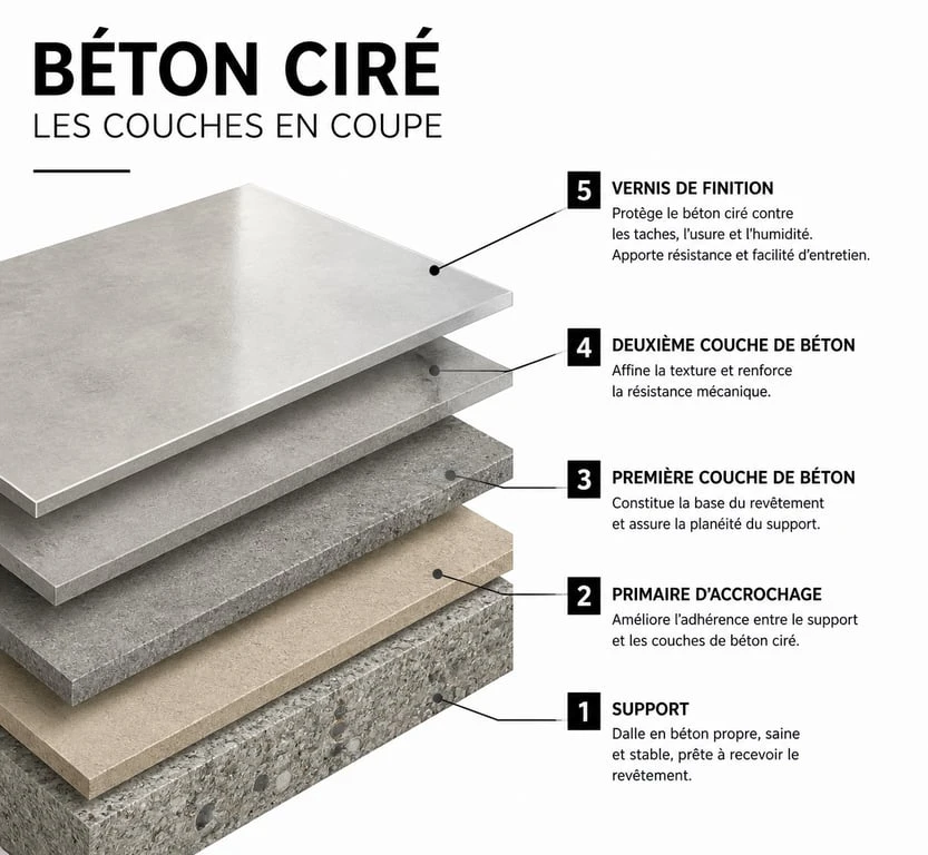 Schéma en coupe des couches d'application d'un béton ciré pour réussir son projet