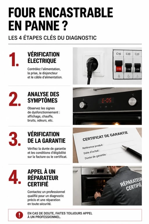 Infographie des étapes de diagnostic pour la réparation d'un four encastrable
