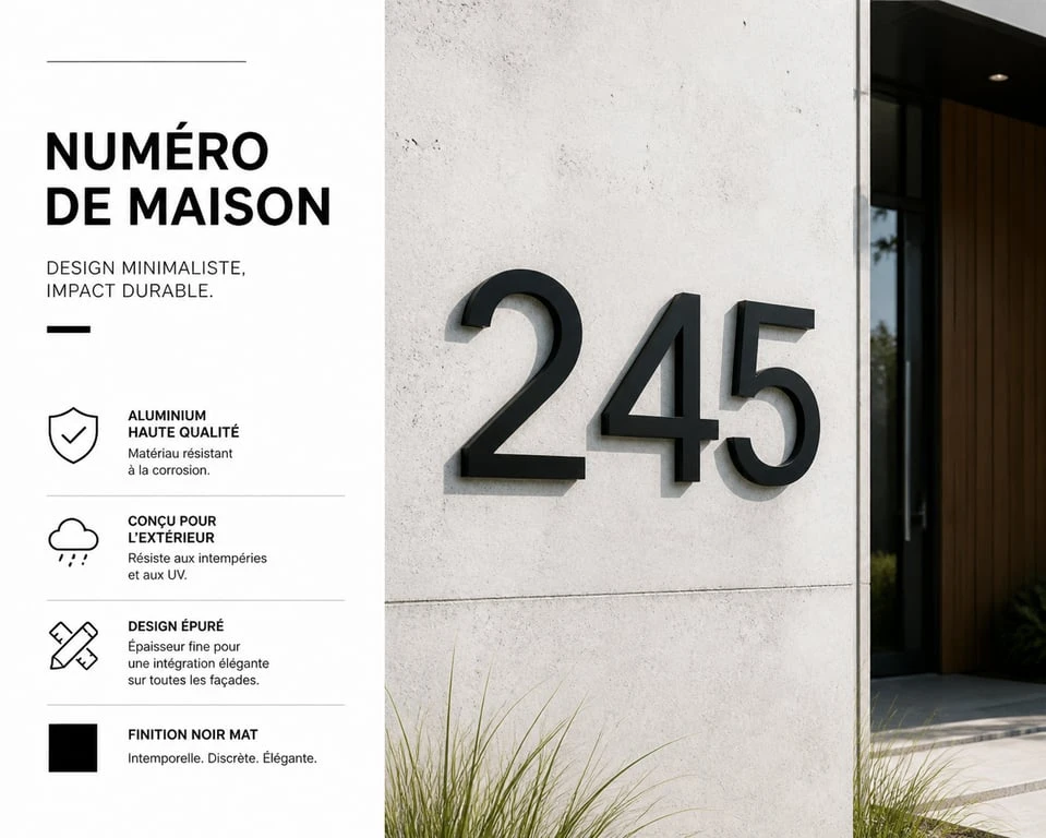 Numéro de maison design en aluminium noir mat sur mur contemporain