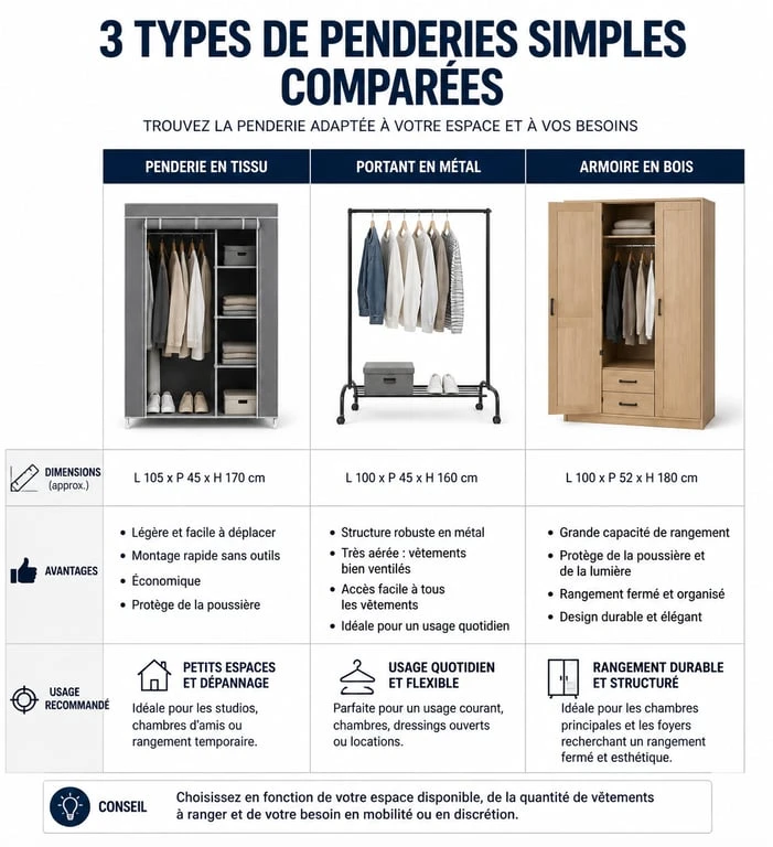Comparatif des types de penderies simples : tissu, métal et bois pour choisir le rangement idéal.