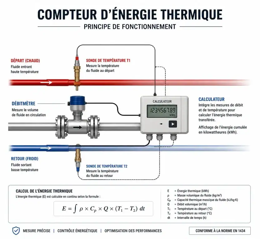 Schéma de fonctionnement d'un compteur d'énergie thermique
