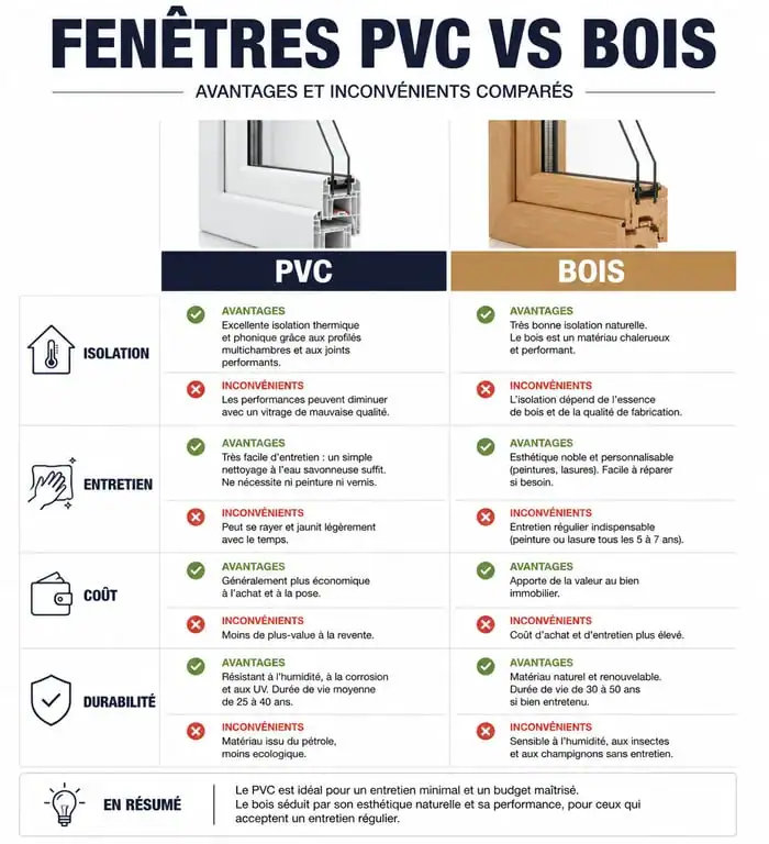 Infographie comparative PVC ou bois pour les fenêtres : isolation, entretien et coût