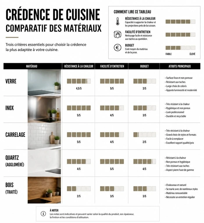 Comparatif des matériaux pour crédence de cuisine : inox, verre, stratifié et carrelage.