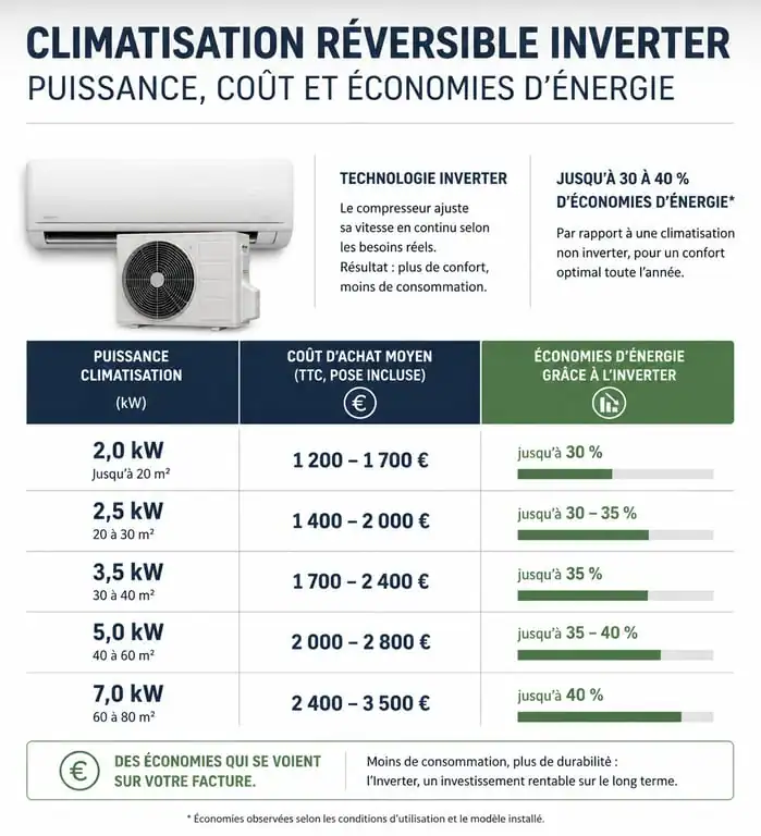 Infographie coût et économies climatisation réversible et pompe à chaleur