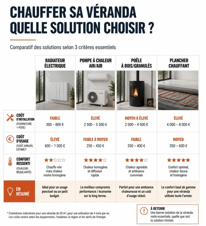 Comparatif des solutions de chauffage pour véranda : coût et confort