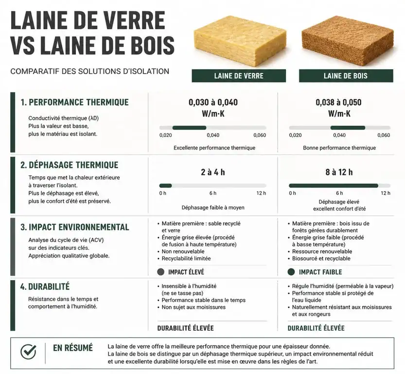 Infographie comparative : laine de verre vs laine de bois pour l'isolation thermique