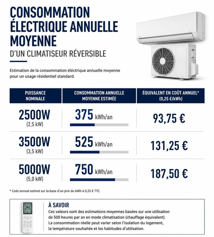 Infographie de la consommation électrique annuelle d'un climatiseur réversible selon la puissance